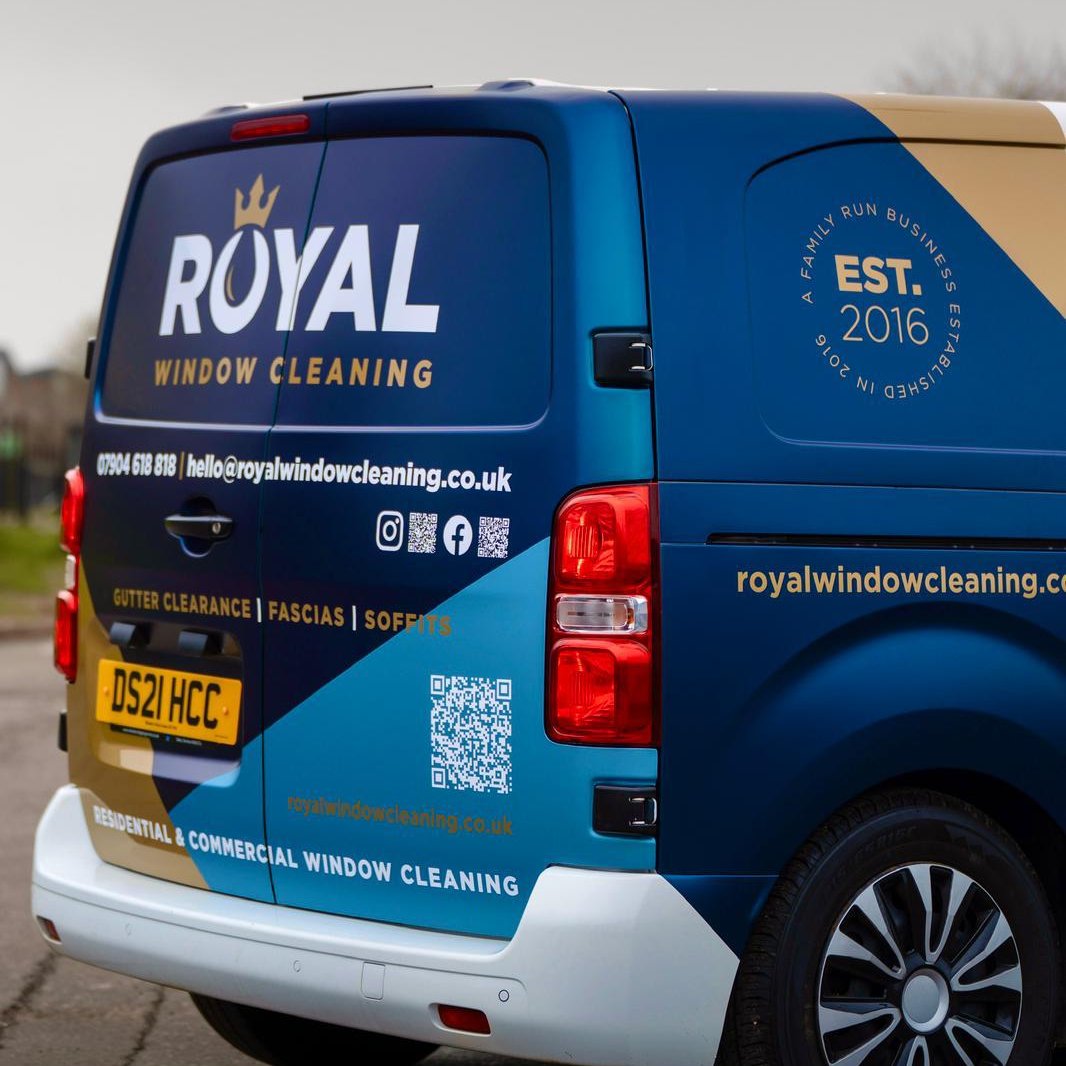 Royal Window Cleaning van showing contact details for commercial clients